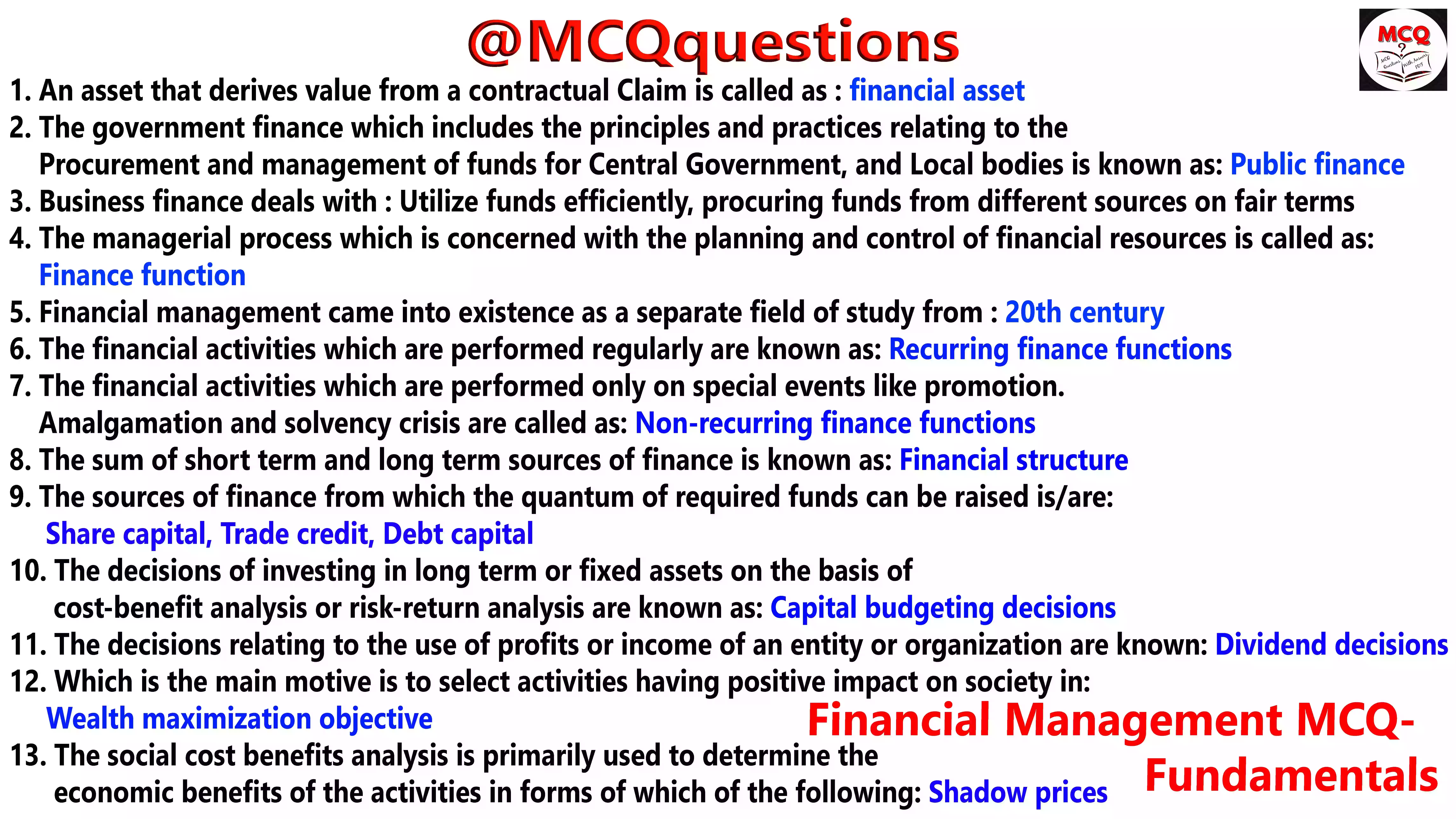 Financial Management MCQ on Fundamentals
