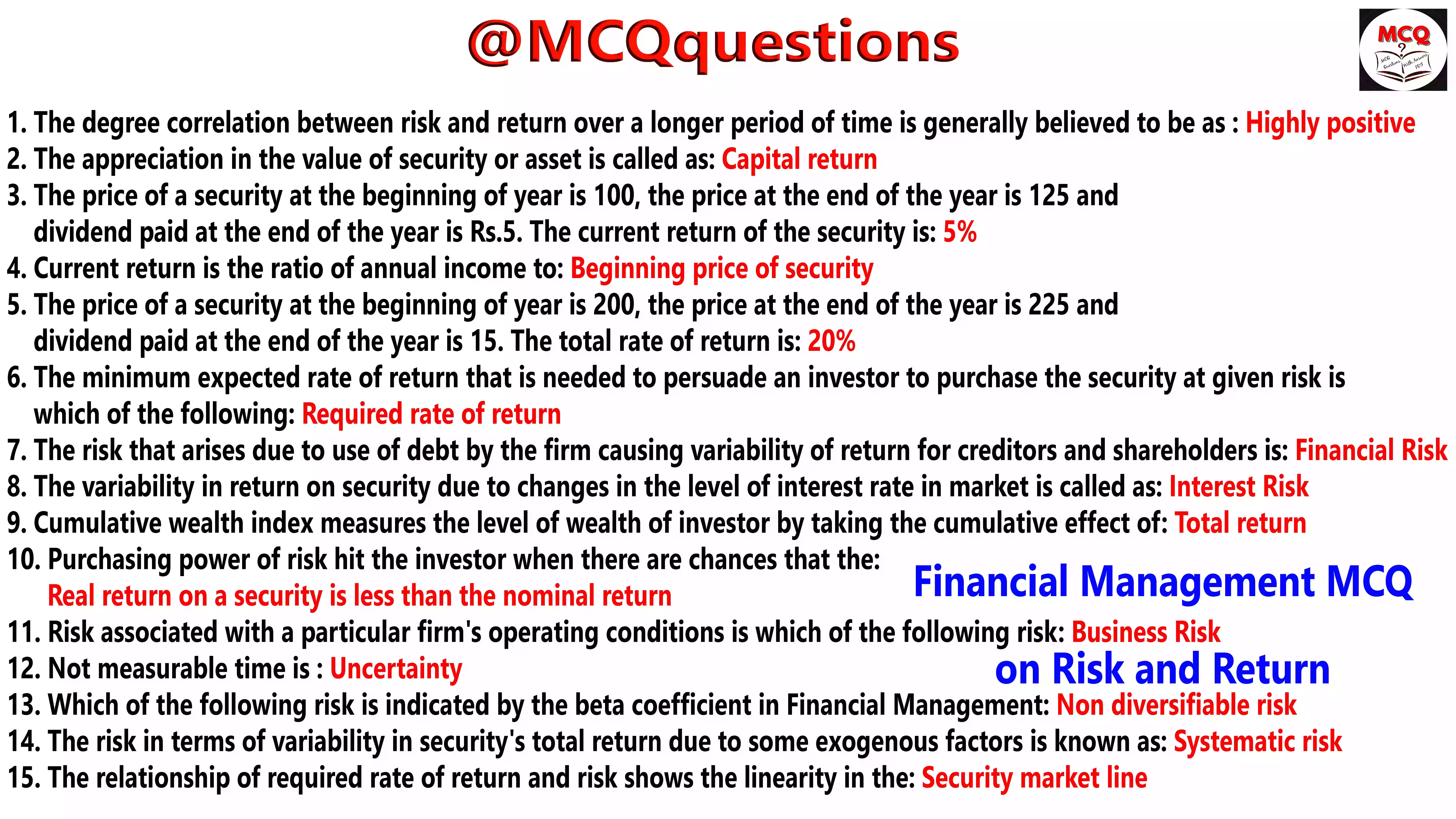Financial Management MCQ on Risk and Return