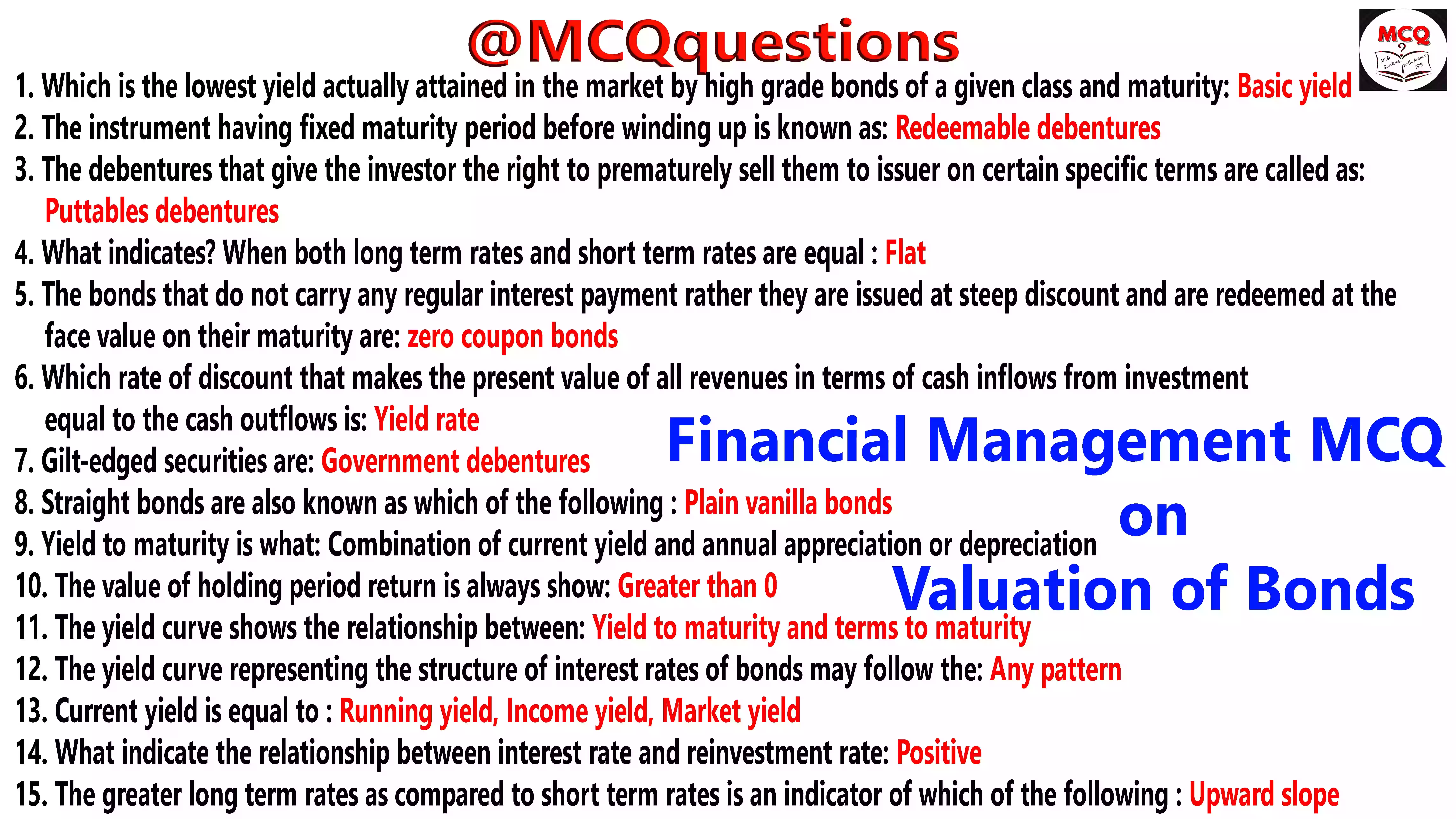 Financial Management MCQ on Valuation of Bonds