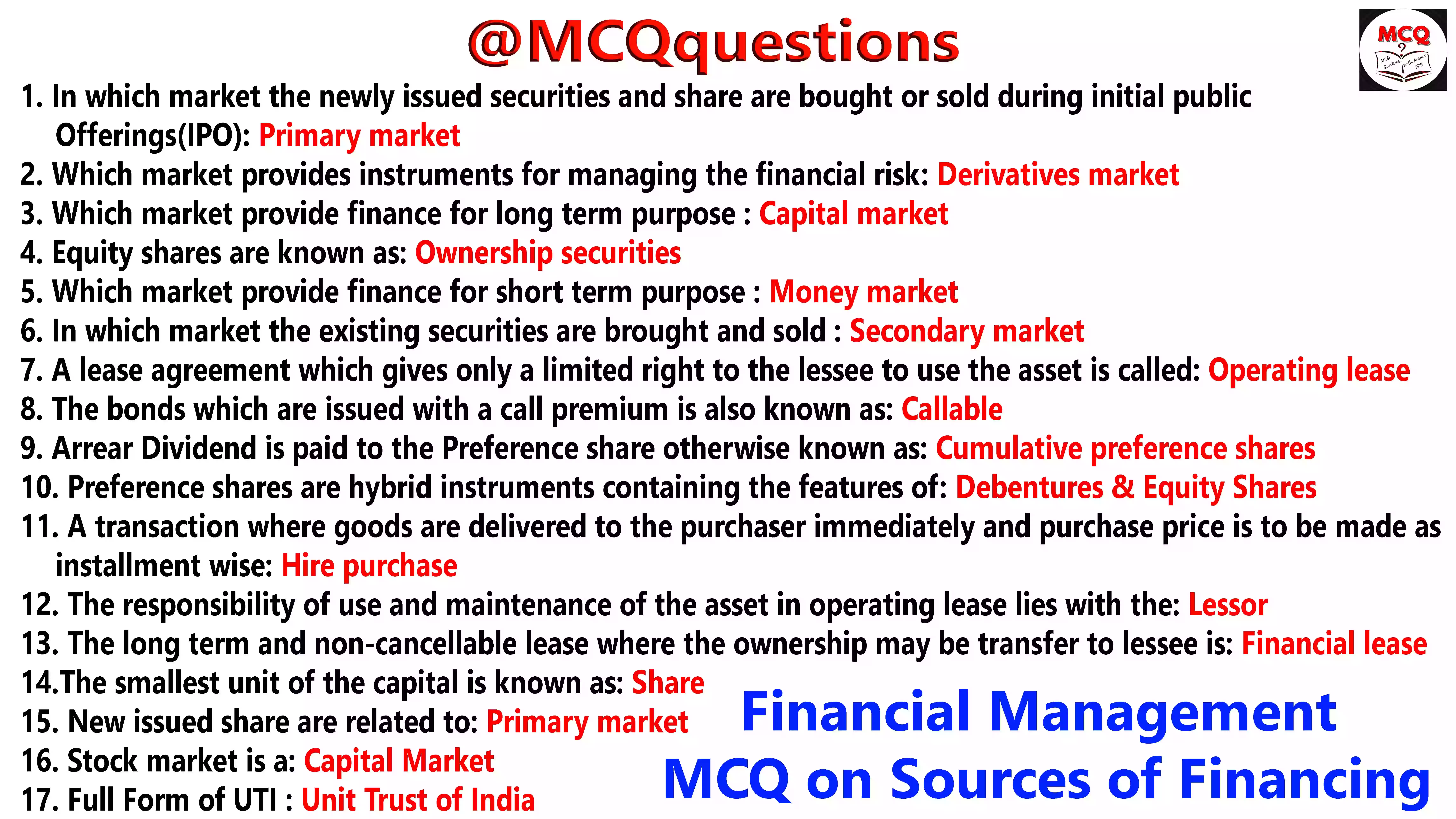 Financial Management MCQ on Sources of Financing
