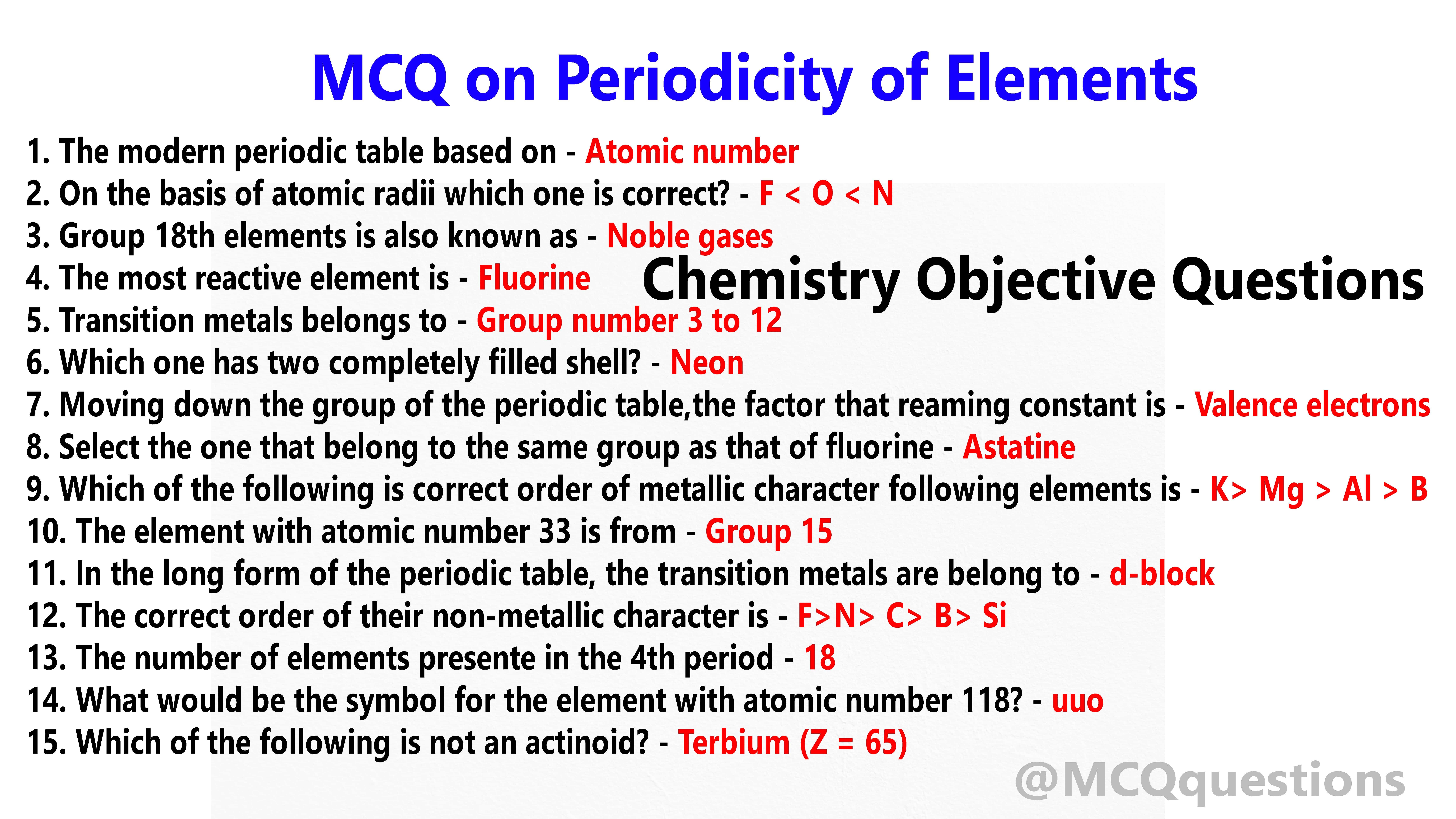 Inorganic Chemistry MCQ on Periodicity of Elements