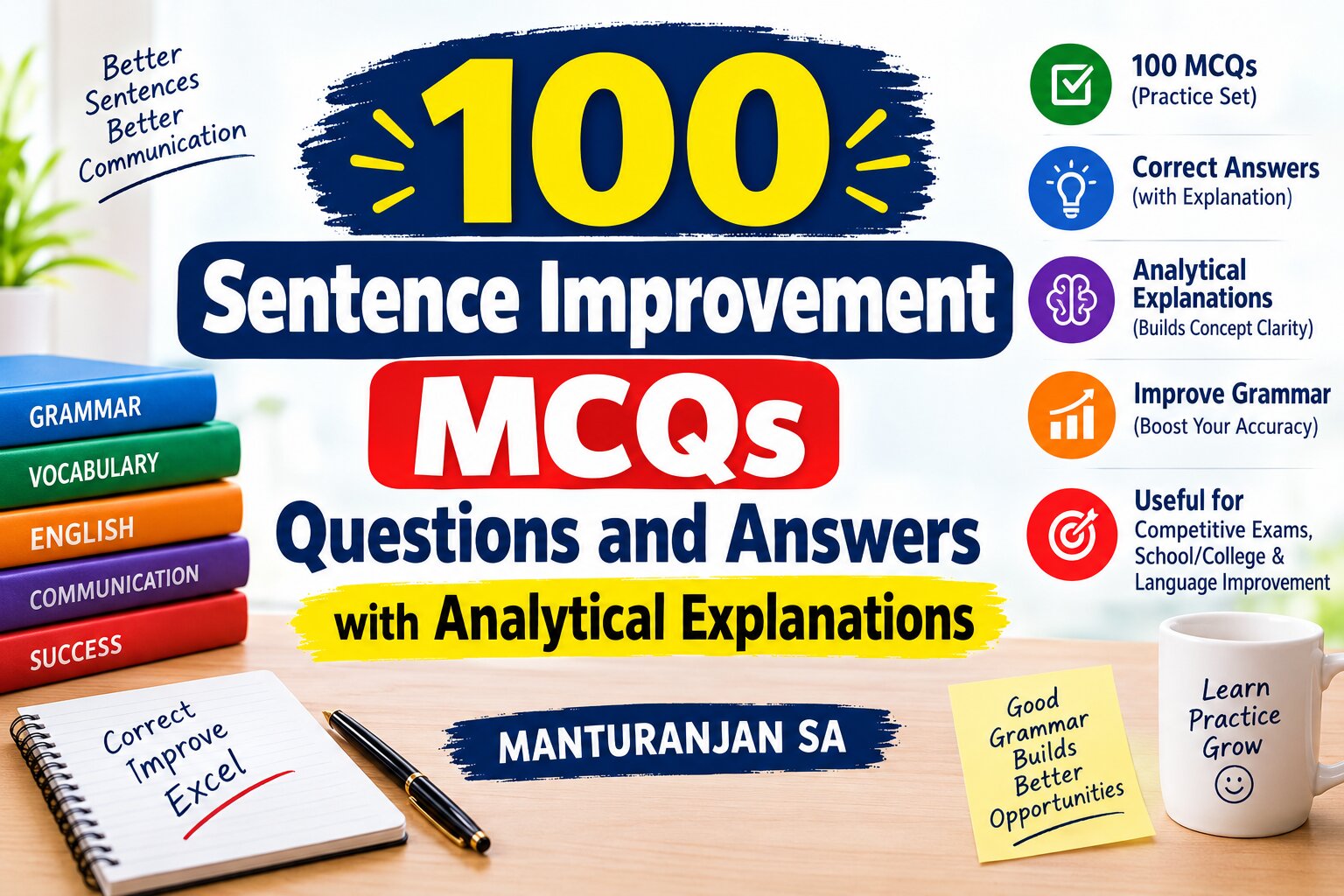 100 Sentence Improvement MCQs with answers and analytical explanations