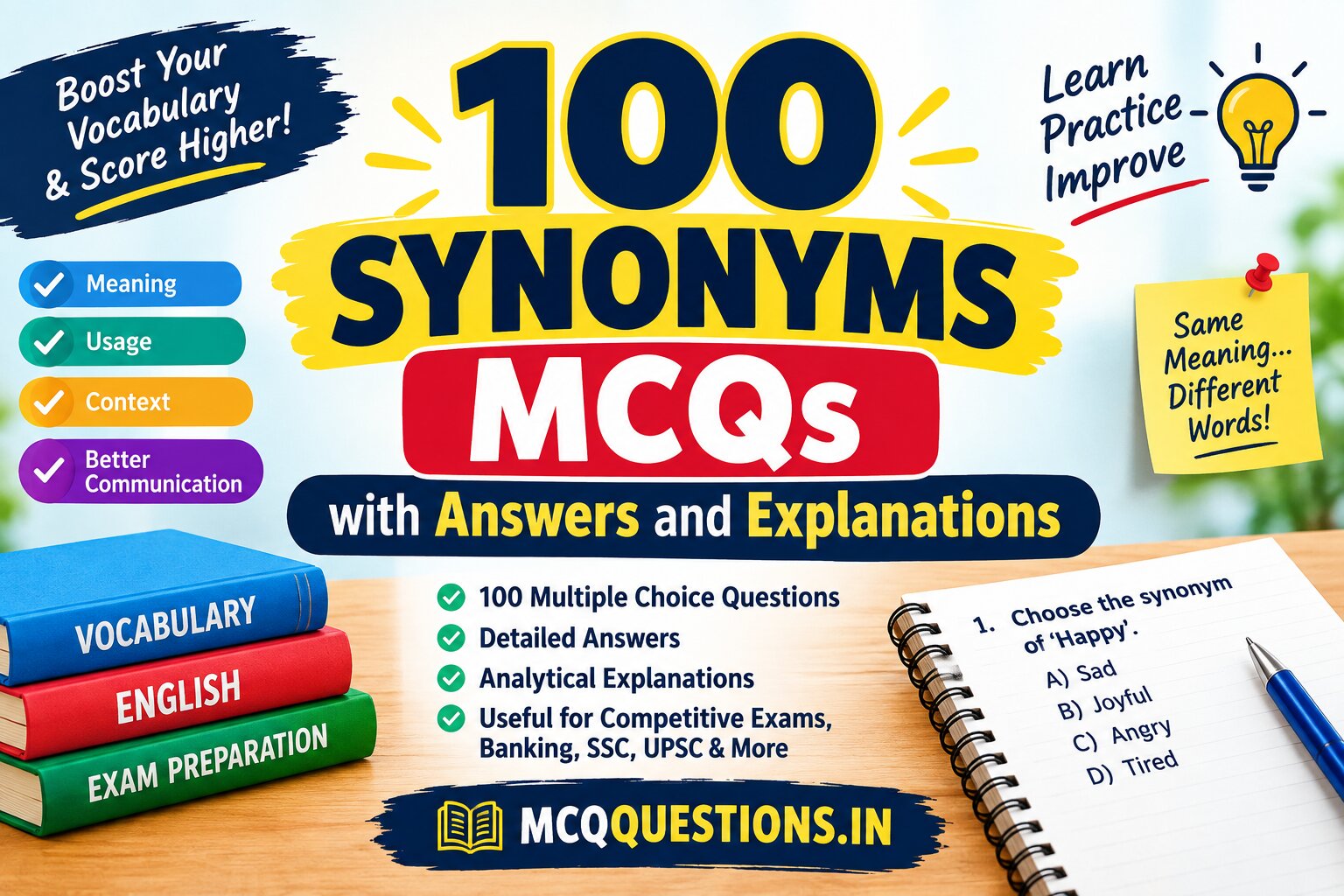 100 Synonyms MCQs with Answers and Explanations