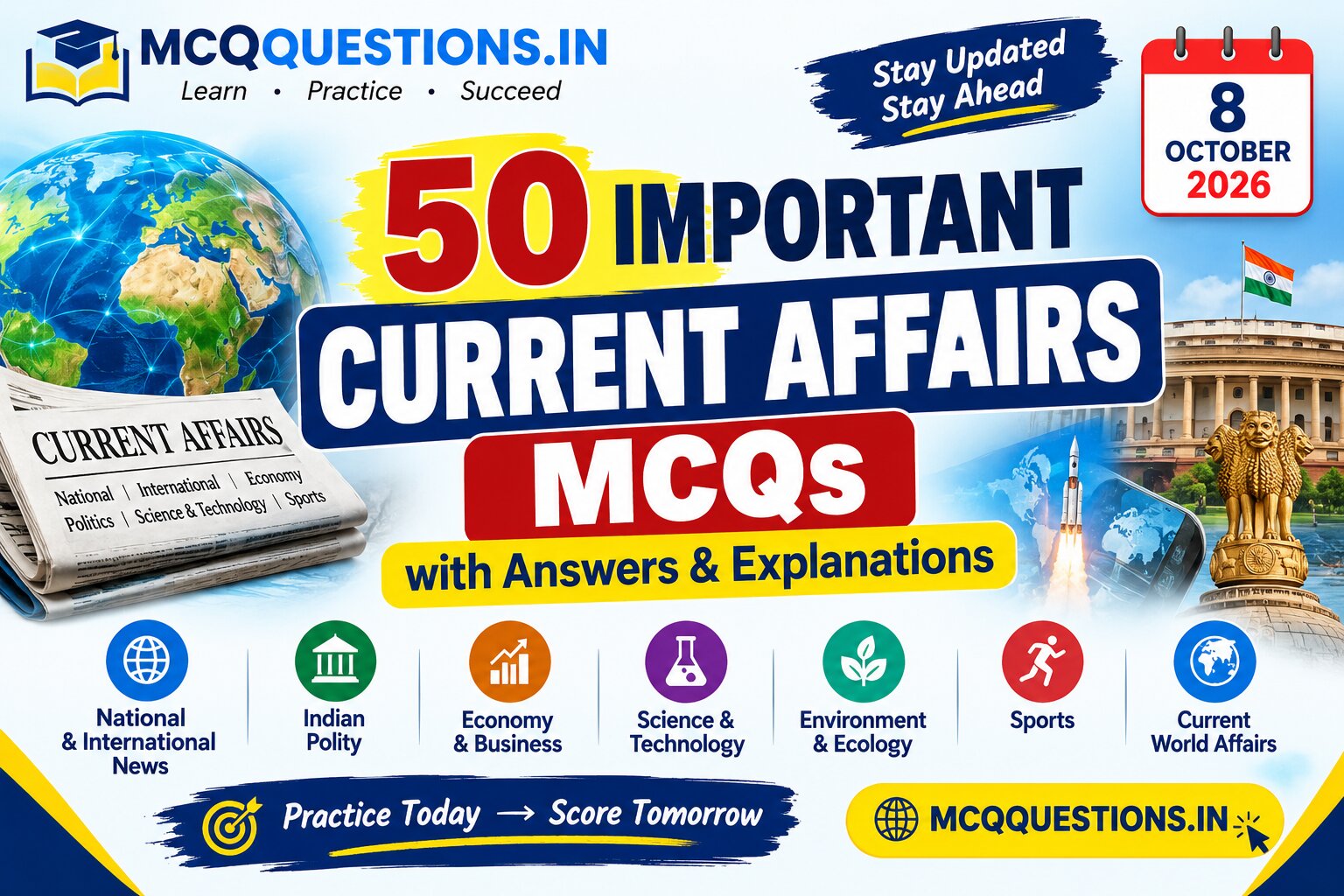 50 important current affairs MCQs with answers and explanations for 8 October 2026