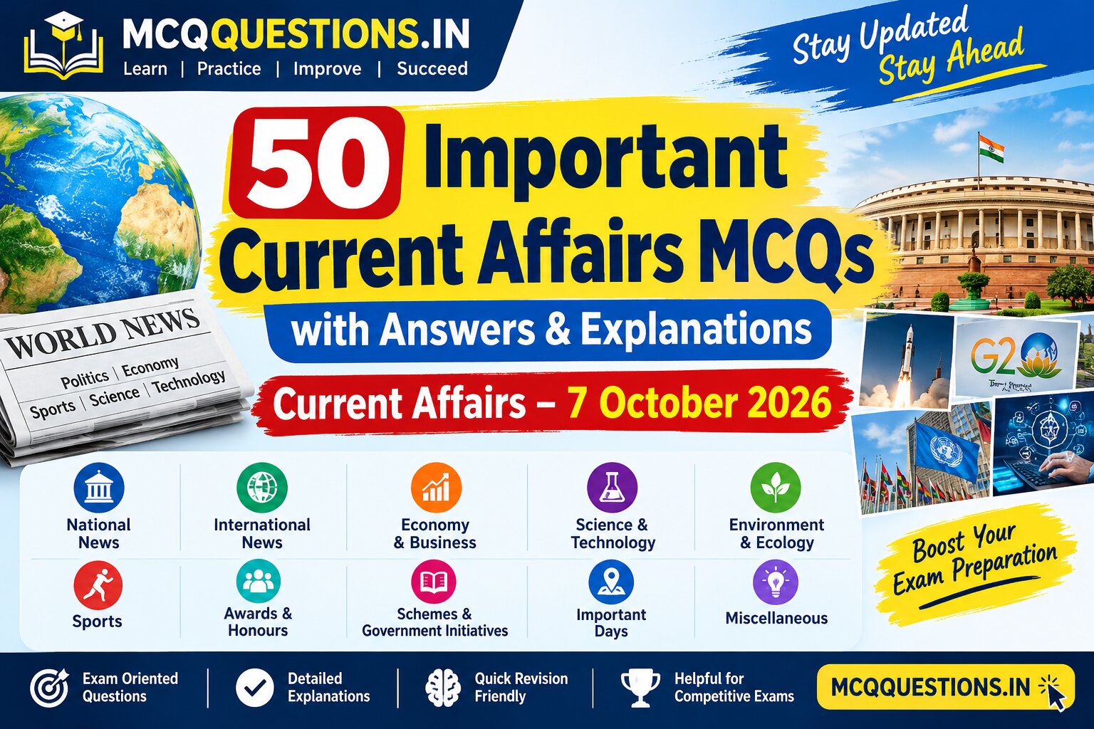 50 Important Current Affairs MCQs with Answers & Explanations – 7 October 2026 | MCQQuestions.in