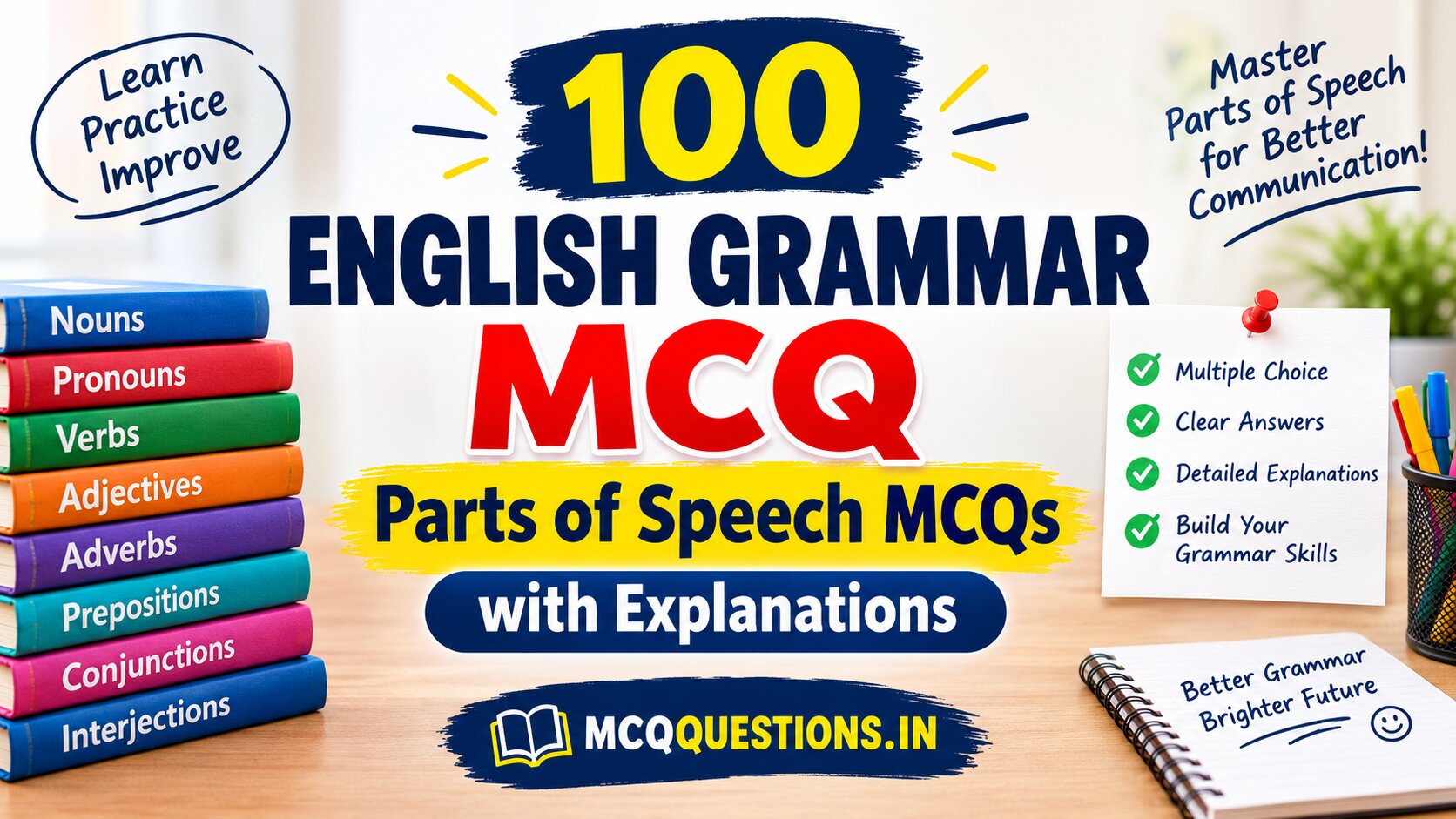 100 English Grammar MCQ Parts of Speech MCQs with Explanations