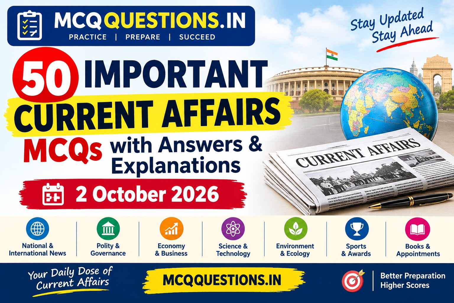 50 Important Current Affairs MCQs with Answers – 2 October 2026