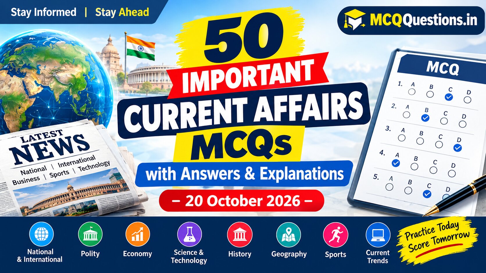 50 Important Current Affairs MCQs with Answers and Explanations for 20 October 2026
