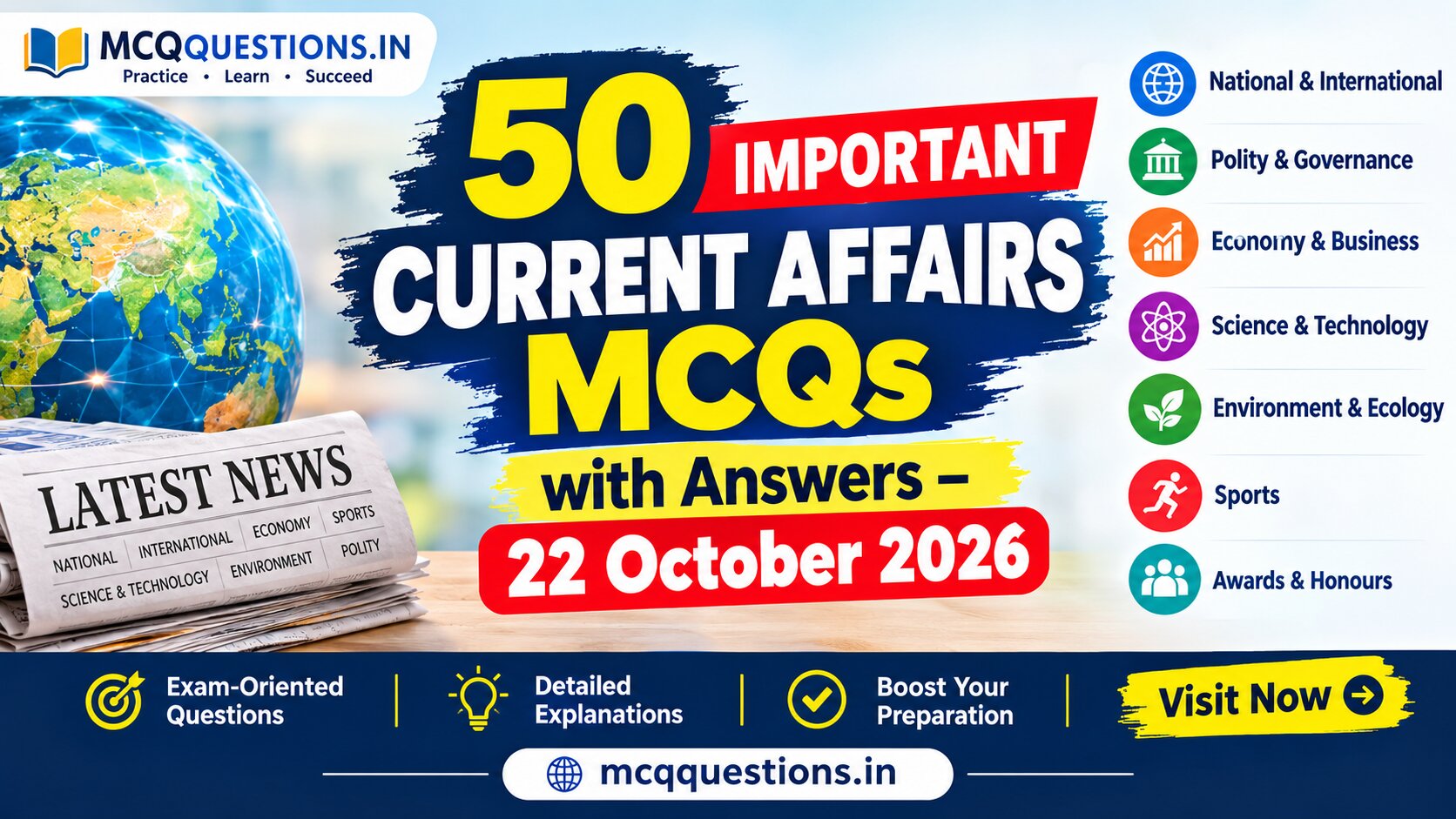 50 Important Current Affairs MCQs with Answers and Explanations for 22 October 2026