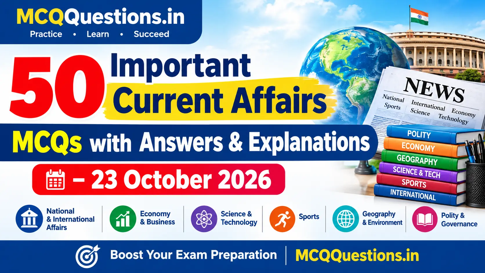 50 Important Current Affairs MCQs with Answers and Explanations for 23 October 2026