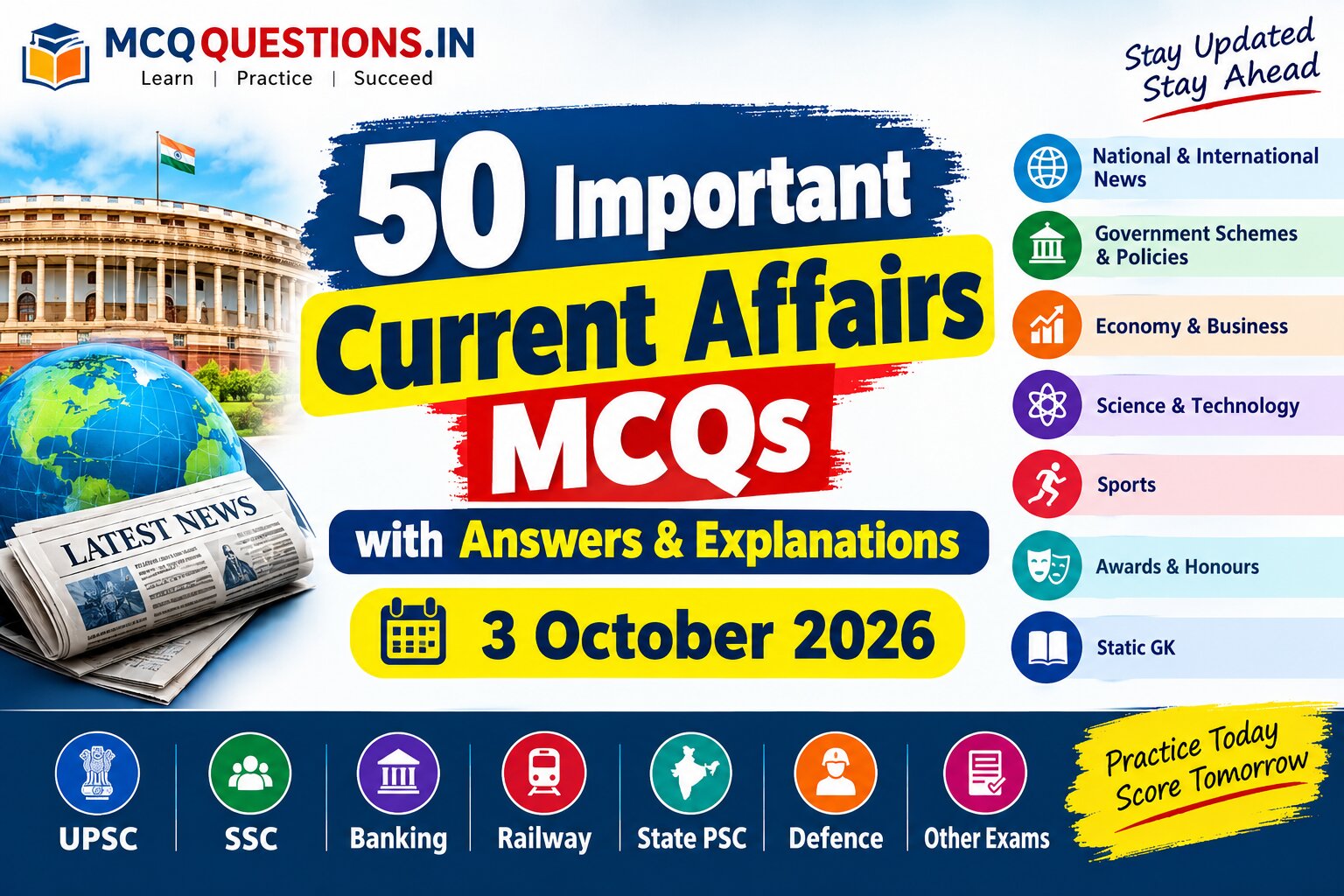 50 important current affairs MCQs with answers and analytical explanations for 3 October 2026