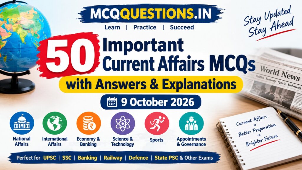 50 Important Current Affairs MCQs with Answers and Explanations for 9 October 2026