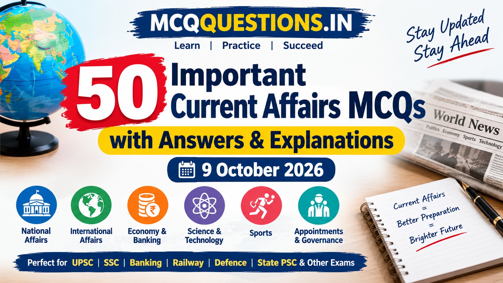50 Important Current Affairs MCQs with Answers and Explanations for 9 October 2026